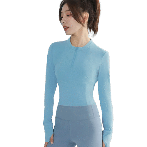 wholesale activewear set in light blue long sleeve top with front zipper detail and light grey high-waist pants