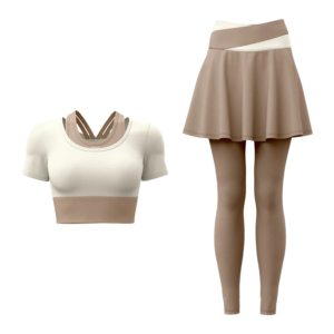 wholesale activewear set in beige and brown color-block short sleeve top with pleat detail, high-waist A-line skirt, and matching leggings
