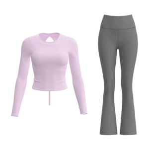 wholesale activewear set in pink long sleeve crop top with dark grey high-waist flared pants