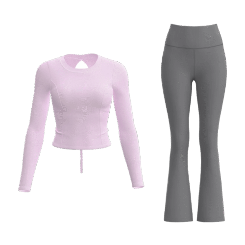 wholesale activewear set in pink long sleeve crop top with dark grey high-waist flared pants