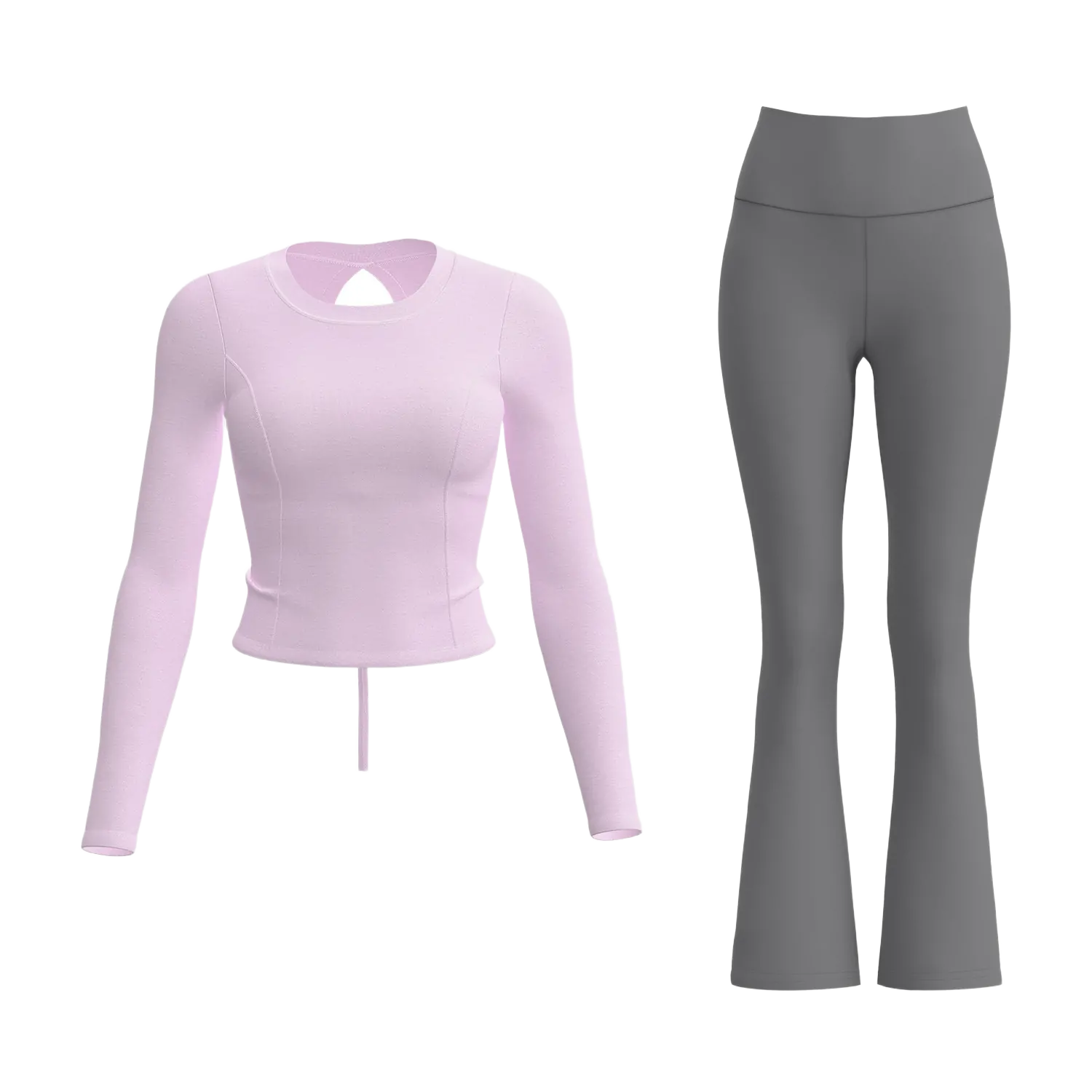 wholesale activewear set in pink long sleeve crop top with dark grey high-waist flared pants