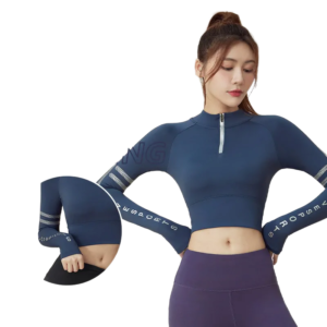 wholesale athletic long sleeve top in navy blue with high neck, front zipper, and light grey sleeve stripes