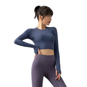 wholesale long sleeve crop top in dark blue with purple leggings
