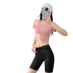 wholesale activewear set in pink short sleeve top with dark grey slim-fit shorts