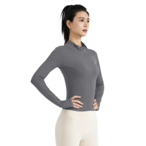 wholesale zip-up jacket in deep grey with ribbed texture and curved front seam