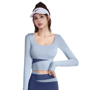 wholesale sports set in light blue long sleeve top with dark trim and navy pants