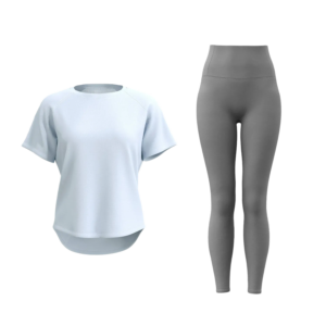 wholesale activewear set in light blue short sleeve T-shirt and dark grey high-waist leggings