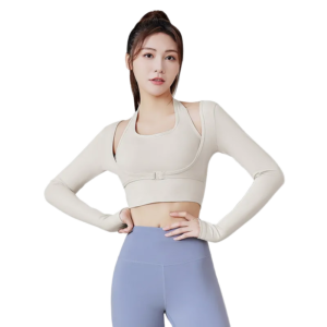 wholesale activewear set in beige long sleeve crop top with cross-back detail and light blue high-waist flared leggings