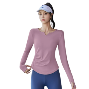 wholesale activewear set in light purple V-neck long sleeve top with blue pants