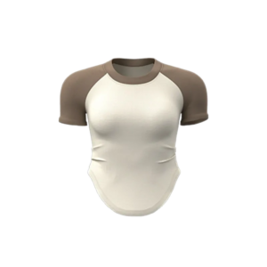 wholesale casual activewear set featuring color-block short sleeve T-shirt with light brown sleeves and beige body, paired with black high-waist flare pants