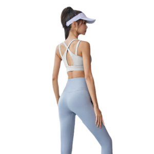 wholesale activewear set in light gray sports bra and light blue high-waist leggings