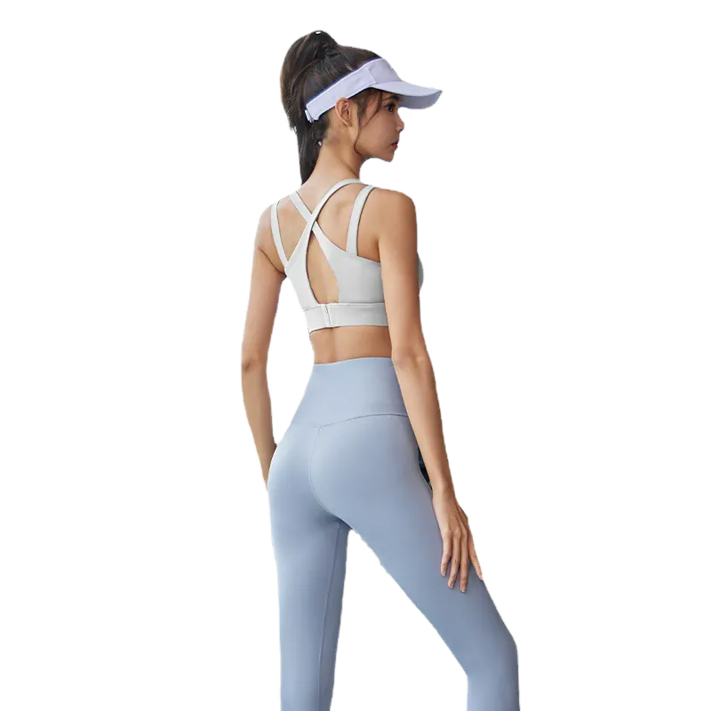 wholesale activewear set in light gray sports bra and light blue high-waist leggings