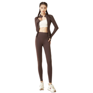 wholesale activewear set in white crop sports bra with dark brown zip-up jacket and matching leggings