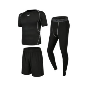 wholesale activewear set in all black with short sleeve top, shorts, and long leggings