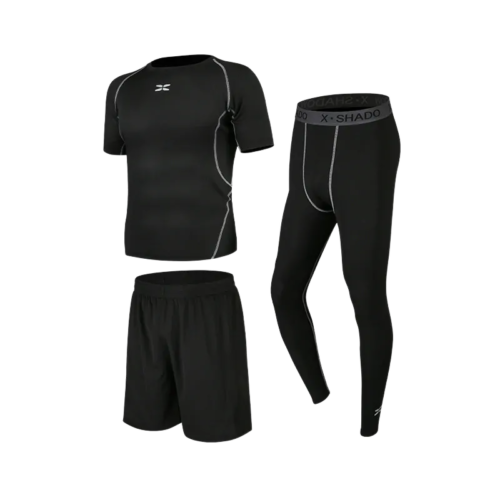 wholesale activewear set in all black with short sleeve top, shorts, and long leggings