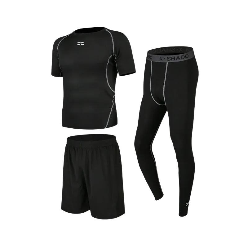 wholesale activewear set in all black with short sleeve top, shorts, and long leggings