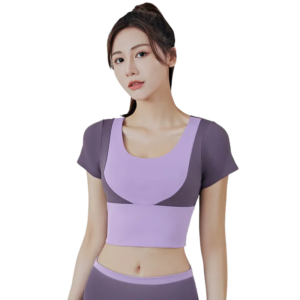 wholesale short sleeve athletic top in purple with dark neckline detail