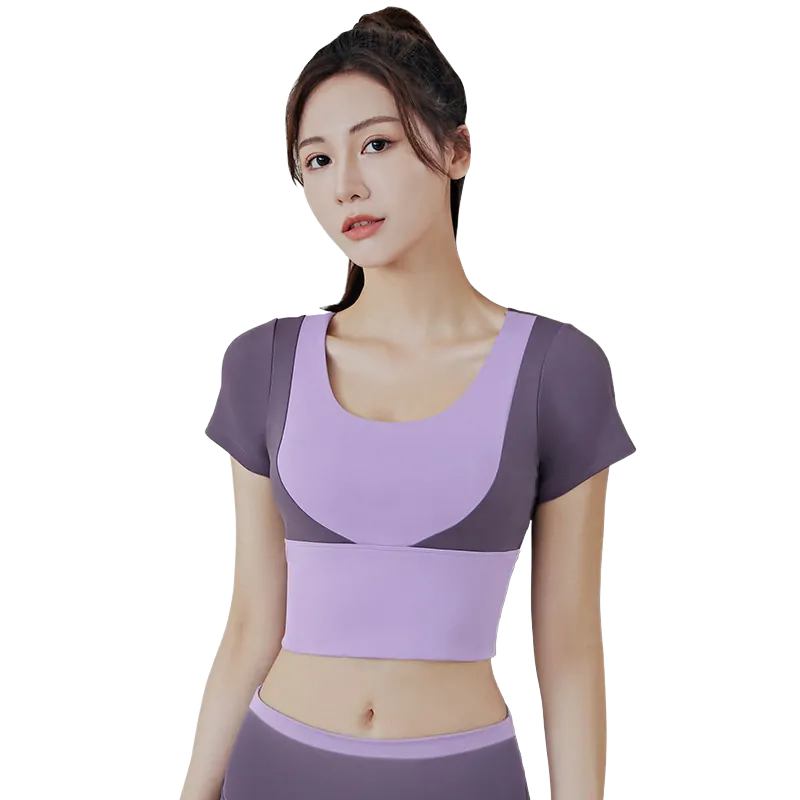 wholesale short sleeve athletic top in purple with dark neckline detail