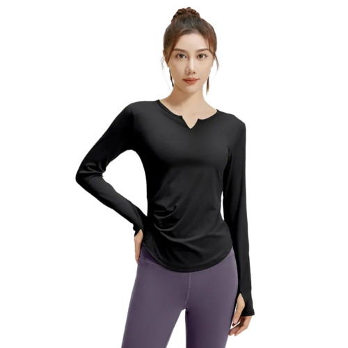 wholesale activewear set in black V-neck long sleeve top with purple leggings, model front standing pose on white background