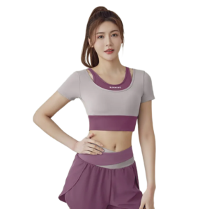wholesale activewear set in two-tone grey and purple with stripe detail