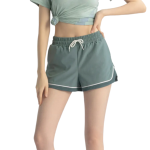 wholesale high-waist fitness shorts in charcoal grey with white side stripes and drawstring waist