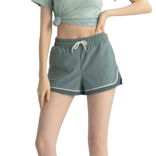 wholesale high-waist fitness shorts in charcoal grey with white side stripes and drawstring waist