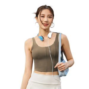 A sleeveless grey scoop neck top with vertical front seam detailing