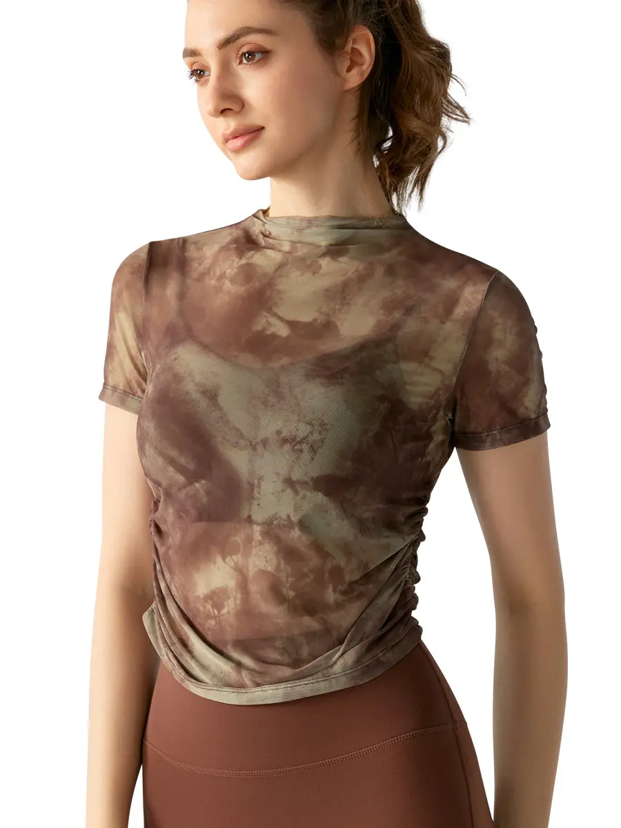 Floral Mesh Overlay Top: Smocked Waist with a Sheer, Statement Back for Yoga & Style