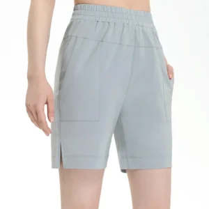 wholesale high-waist sports shorts in light grey with elastic waistband and side pockets