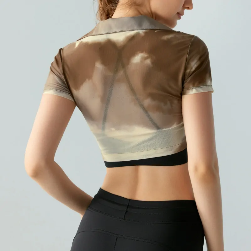 Sheer Mesh Print Tee: Sculpting Fit with a Fashion Cut-Out Back for Yoga & Streetwear - 图片 5