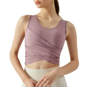 wholesale sports bra in light grey-purple with crisscross front detail