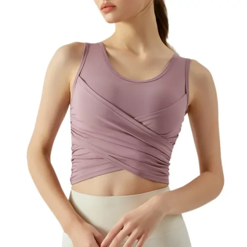 wholesale sports bra in light grey-purple with crisscross front detail