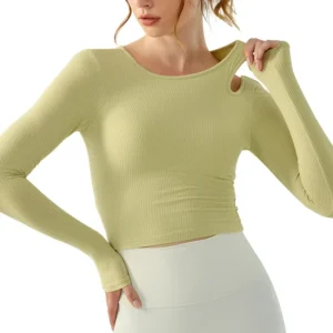 wholesale long sleeve crop top in light green with shoulder cut-out