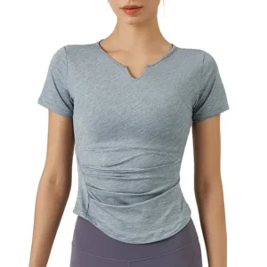 wholesale fitted short sleeve t-shirt in light grey with V-neck and side ruching detail