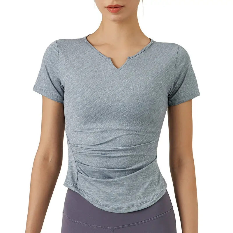 wholesale fitted short sleeve t-shirt in light grey with V-neck and side ruching detail