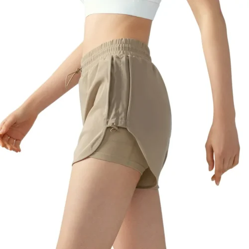 wholesale layered active shorts in light brown with elastic waist and built-in liner