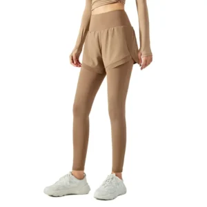 wholesale light brown athletic set with high-waist shorts layered over leggings