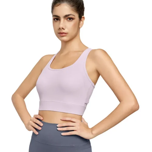 wholesale sports bra in light purple with wide straps and U-neck