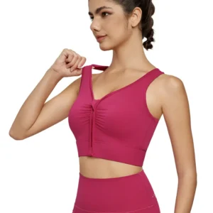 wholesale pink V-neck sports bra with cross-back straps