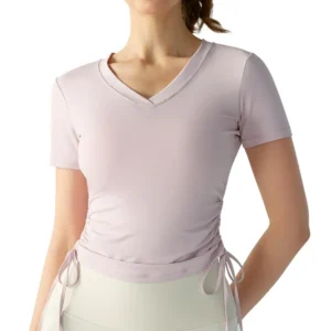 wholesale short sleeve top in light purple with V-neck and side drawstring detail
