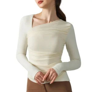 wholesale long sleeve top in off-white with asymmetric V-neck and chest pleat detail
