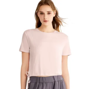 wholesale short sleeve T-shirt in light pink with round neck and left side tie detail
