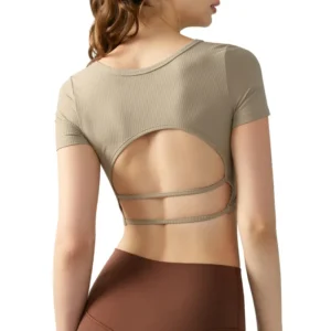 wholesale sports top in light beige with open back and horizontal strap detailing