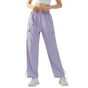 wholesale light purple jogger pants with elastic waist, thigh pockets, and ankle tie detail,
