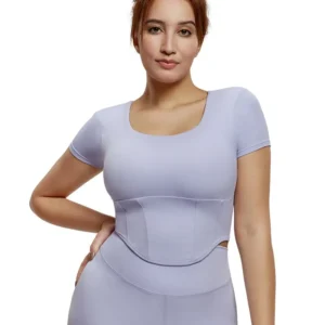 wholesale light purple short sleeve fitted top with square neck