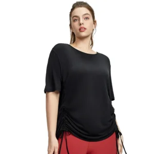 wholesale black short sleeve oversized T-shirt with round neck and right side drawstring hem detail