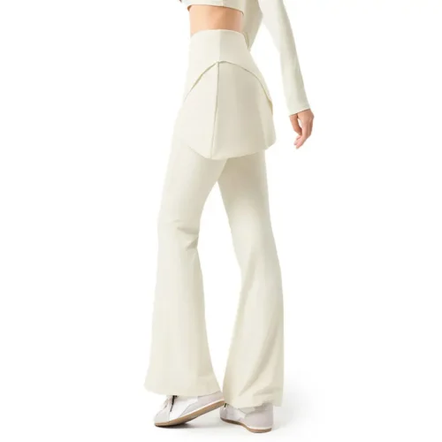 wholesale high-waist flared pants in light beige with waist pleat detail