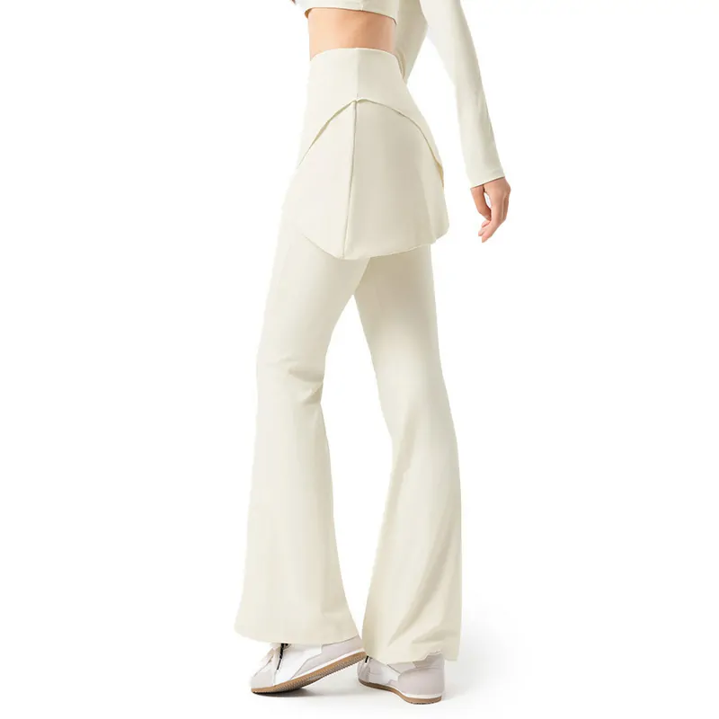 wholesale high-waist flared pants in light beige with waist pleat detail