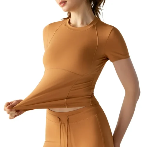 wholesale fitted short sleeve top in brown