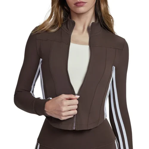 wholesale zip-up sports jacket in deep brown with white stripe detail on sleeves